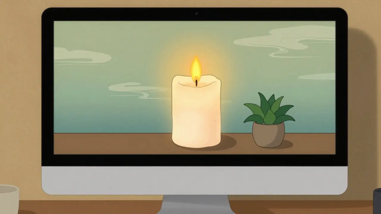 Kartoonová ilustrace digitálního oltáře se svíčkou a rostlinou pro soustředění během online schůzky.