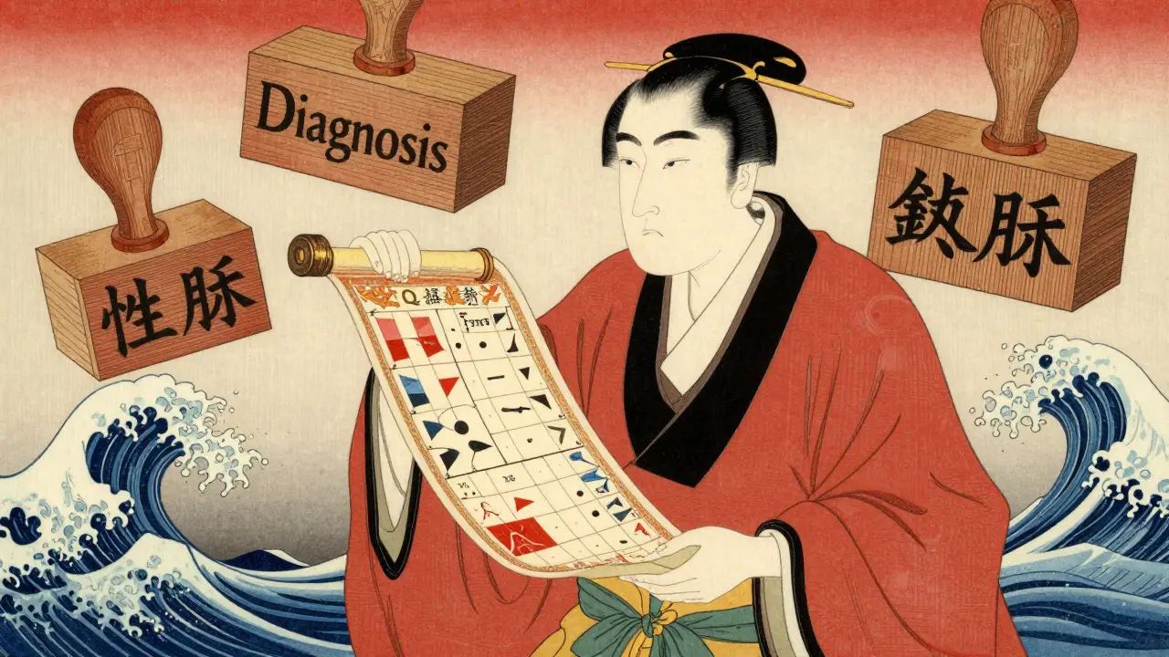 Klinický psycholog s diagnostickými nástroji a státními pečeti v stylu ukiyo-e