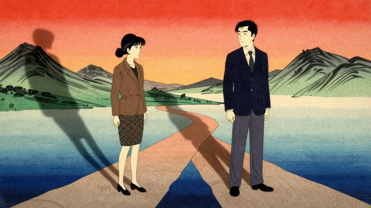 Kresba páru zkoumajícího příčiny konfliktu na rozcestí ve stylu ukiyo-e