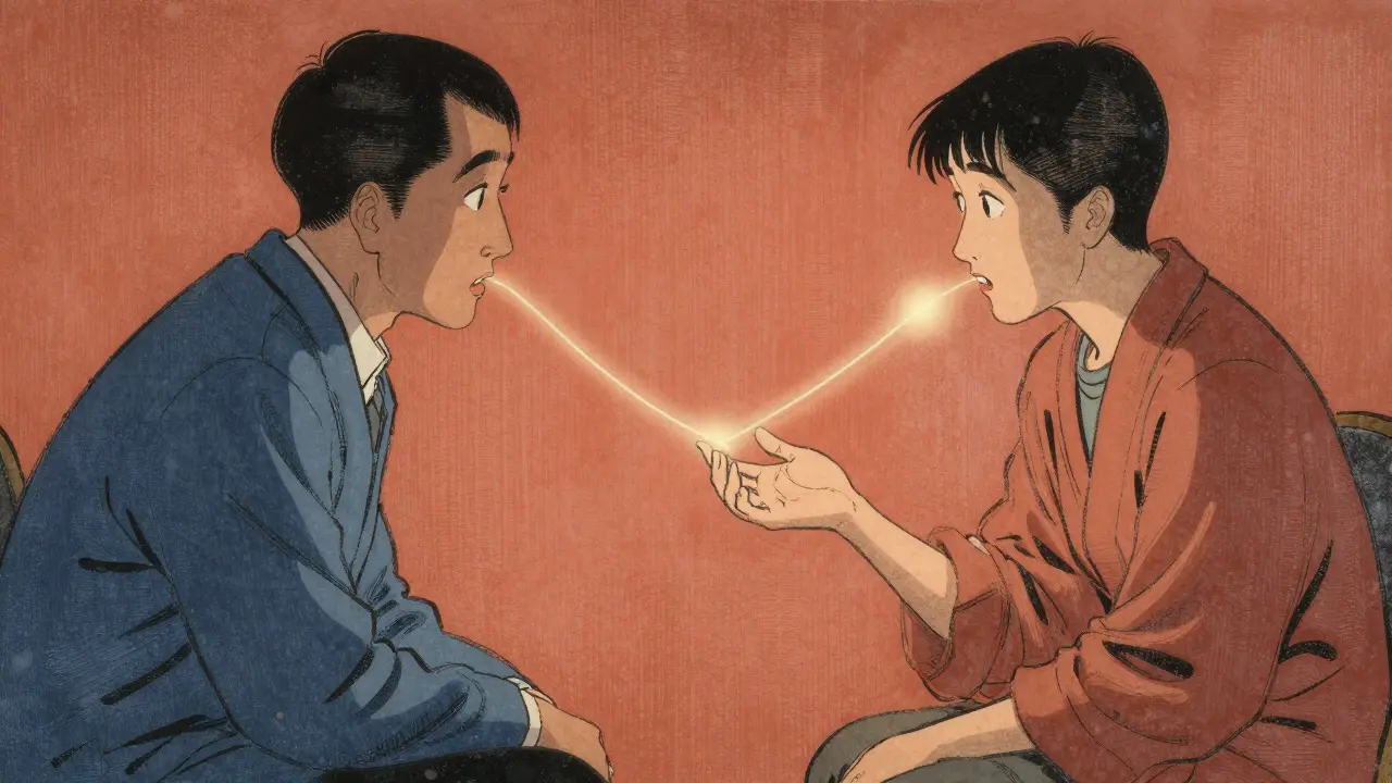 Kresba terapeuta a klienta propojených světelným vláknem dialogu v japonském stylu.