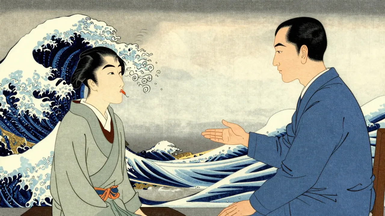 Kresba ve stylu ukijo-e ukazující terapeutickou expozici dýchání a kontrast mezi úzkostí a bezpečím.