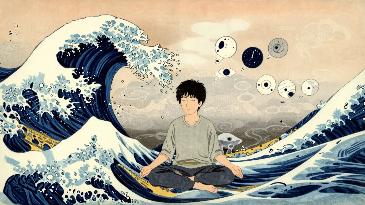 Prolínání autismu a ADHD znázorněné vlnami myšlenek v japonském stylu