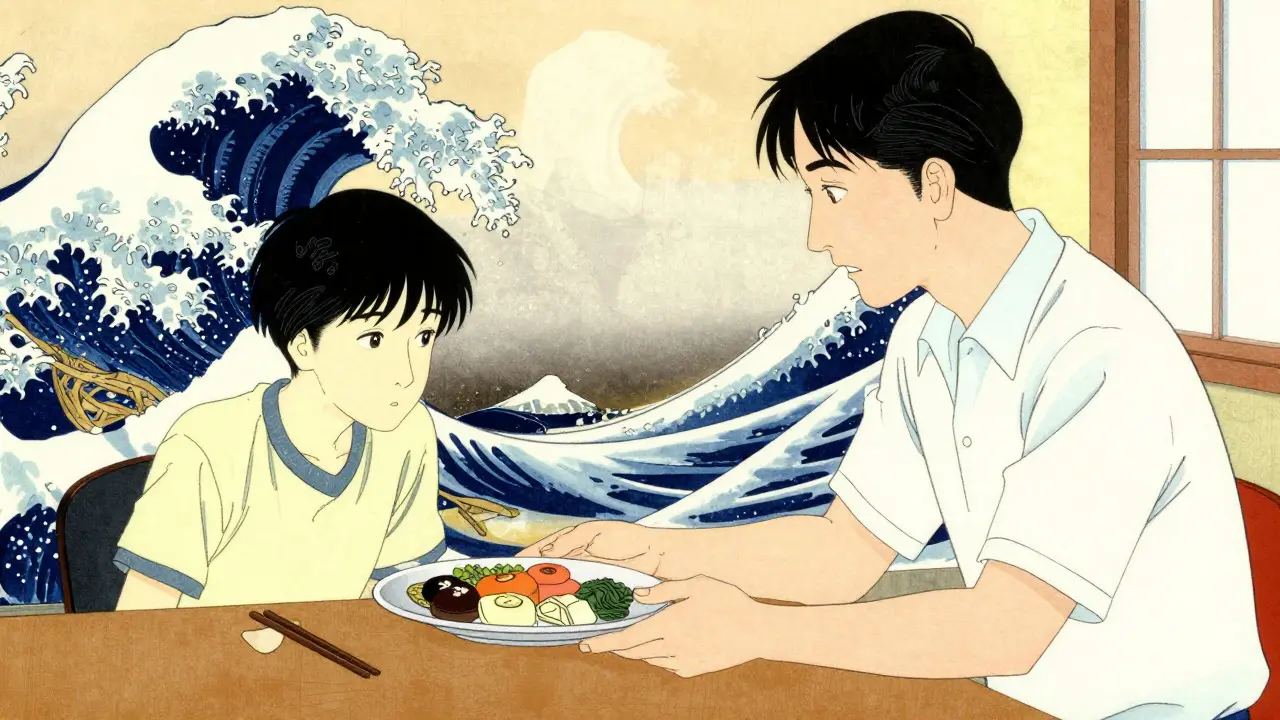 Rodič podává talíř jídla adolescentovi u jídelního stolu v ilustraci