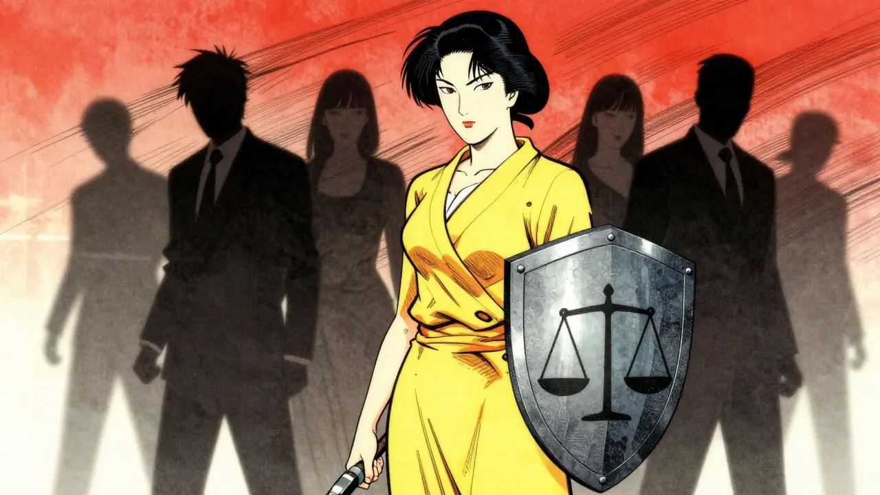Silueta ženy s štítem proti stínům, ilustrace ukiyo-e