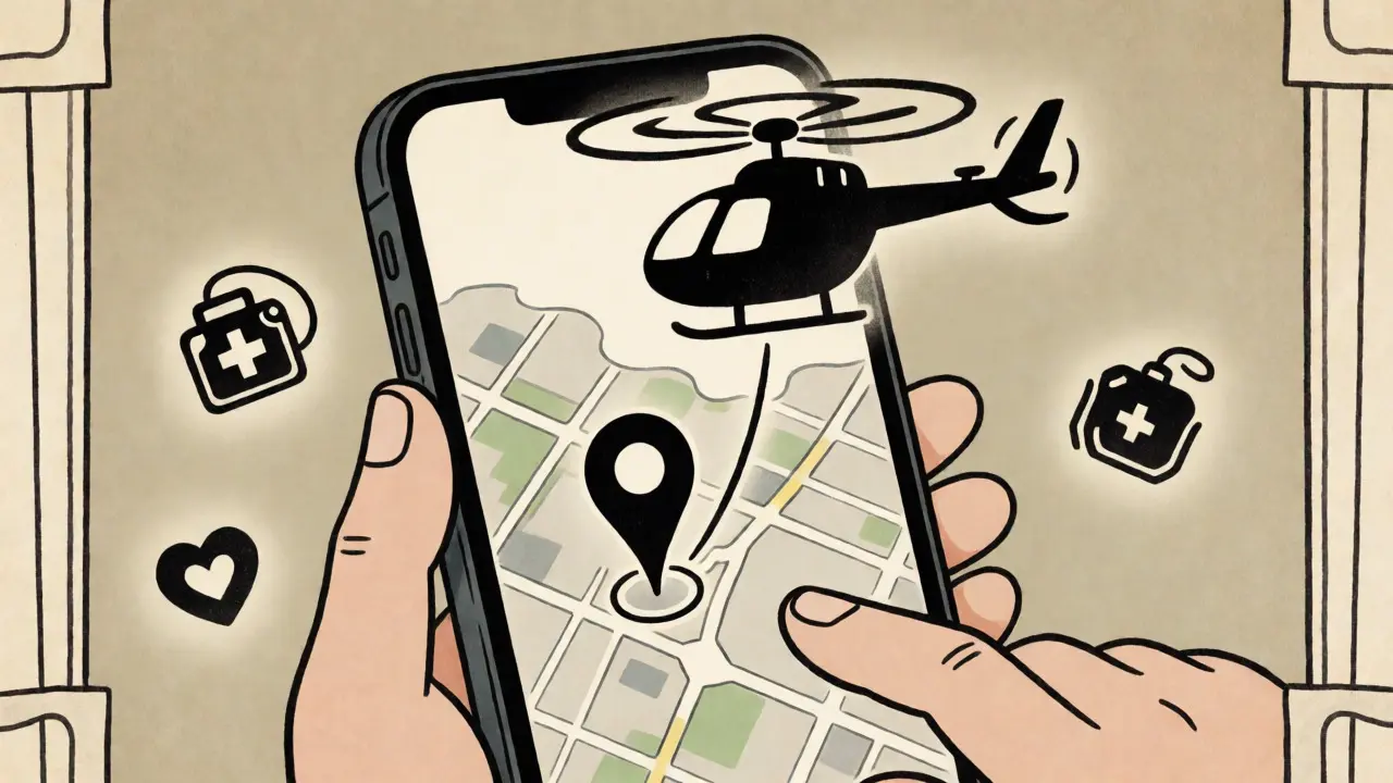 Detailní ilustrace ovládání aplikace Záchranka s mapou a ikonami první pomoci.
