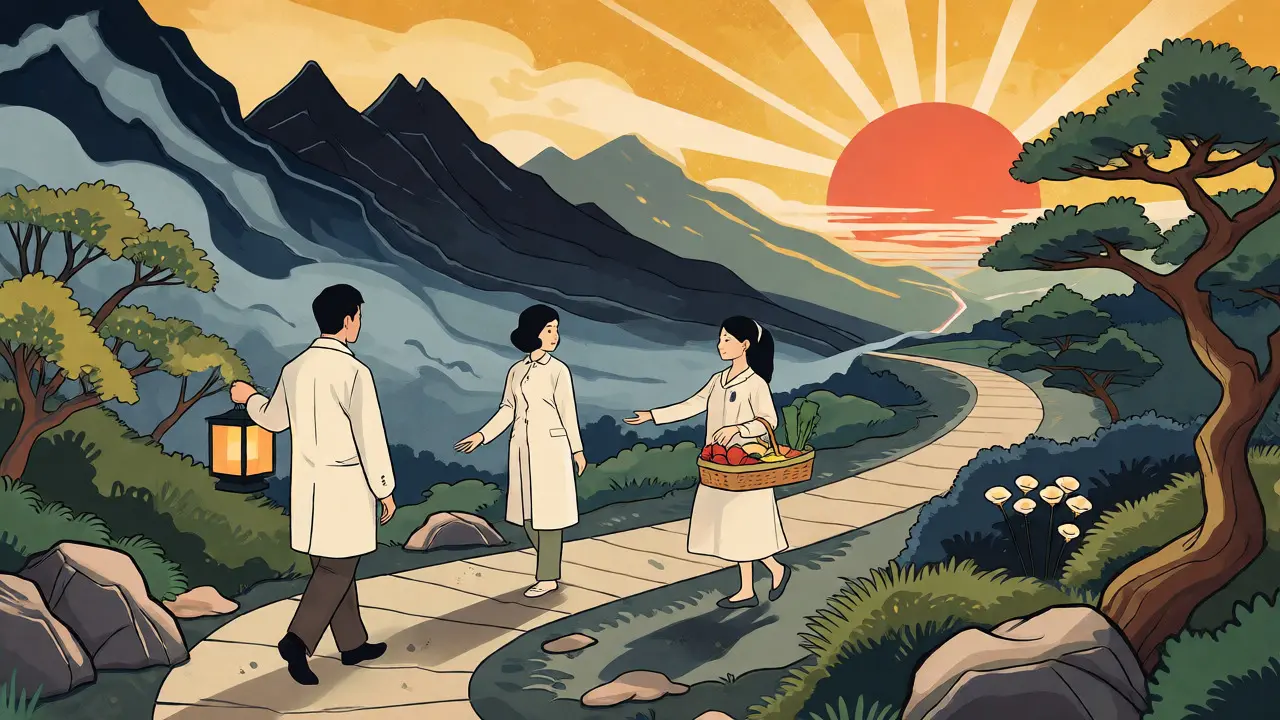 Ilustrace cesty k uzdravení z PPP ve stylu ukiyo-e s průvodci reprezentujícími léčbu.