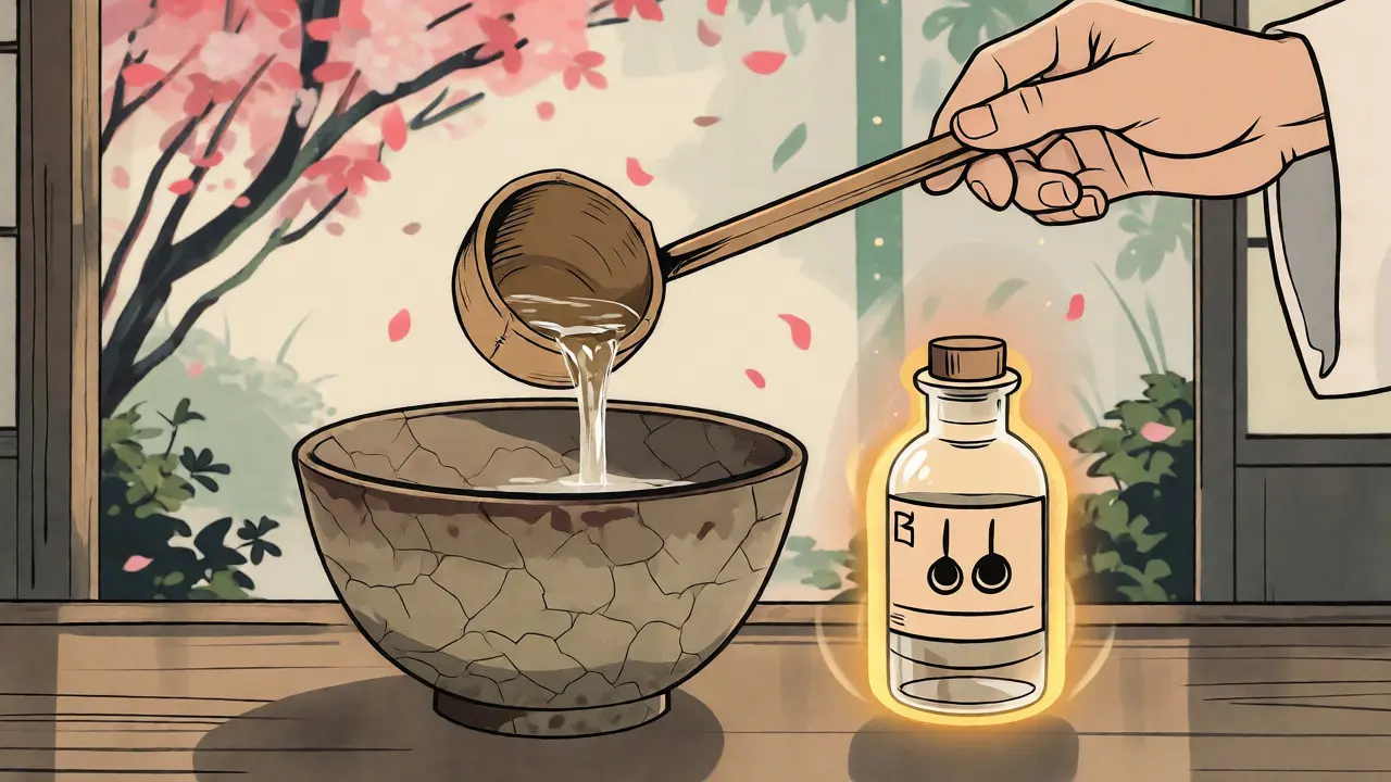 Ilustrace v duchu ukijo-e znázorňující pomalé zavádění potravy a suplementaci thiaminu.