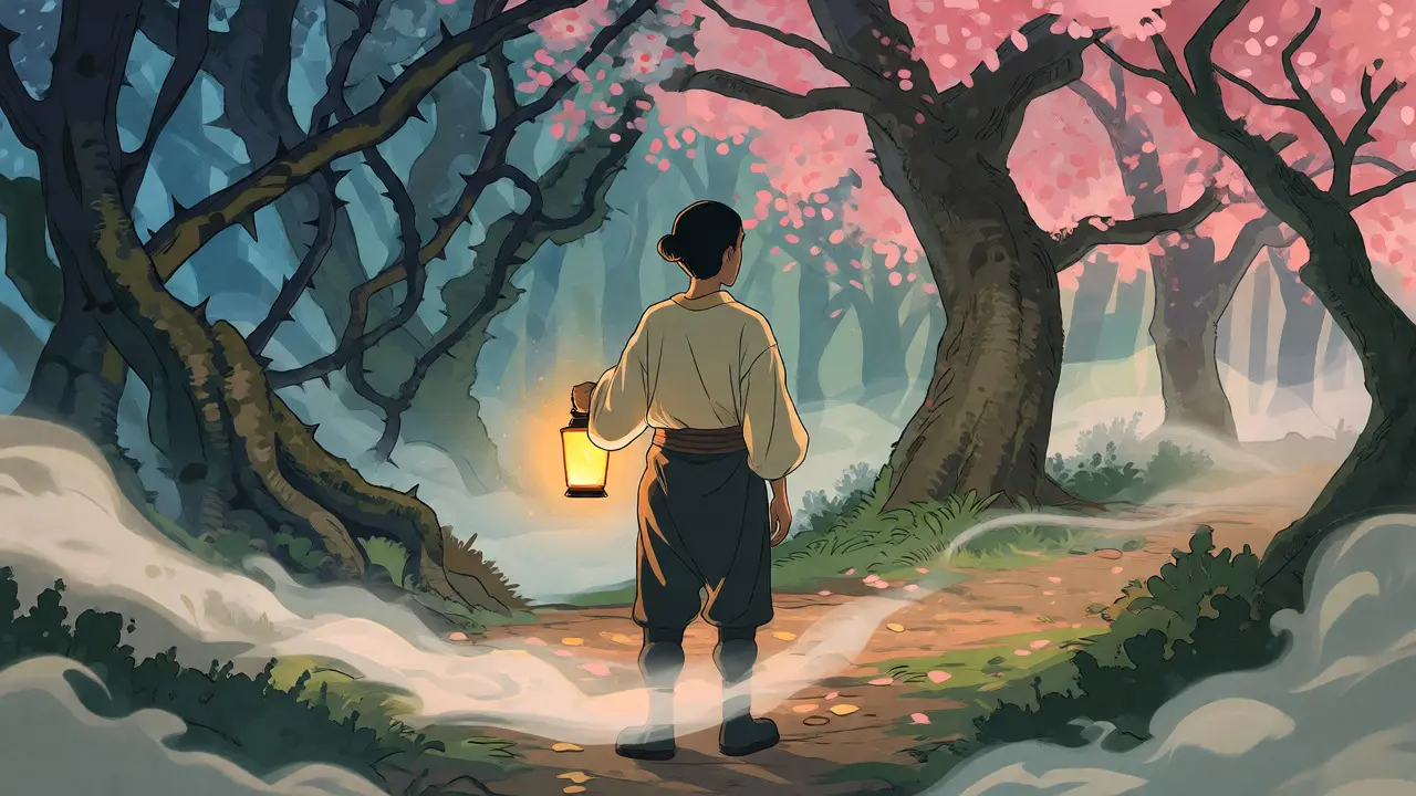 Ilustrace ve stylu ukiyo-e ukazuje osobu na rozcestí s lucernou naděje před kvetoucími třešněmi.