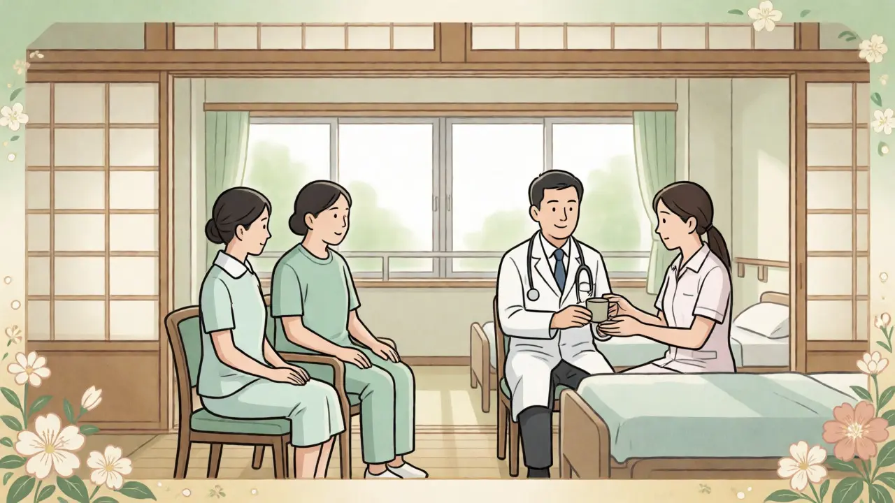 Klidná scéna v psychiatrickém oddělení s lékařským týmem podporujícím pacienta.