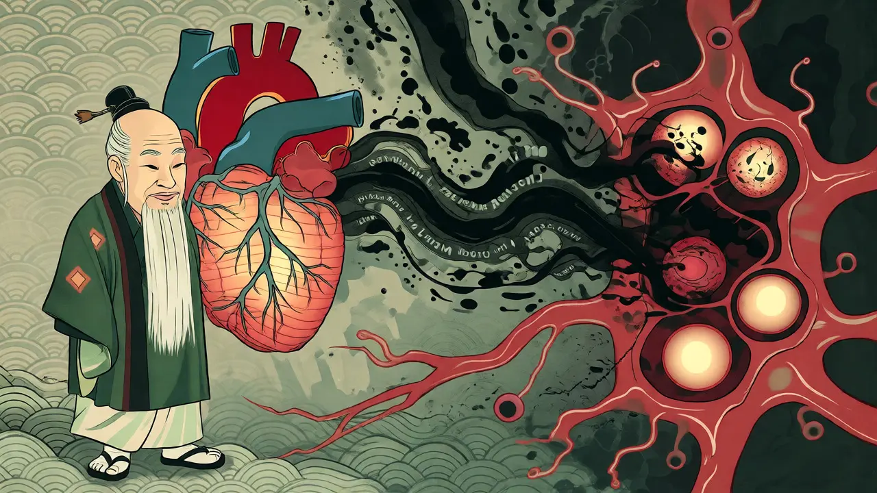 Kresba ve stylu ukijo-e zobrazující metabolický kolaps a pokles elektrolytů.