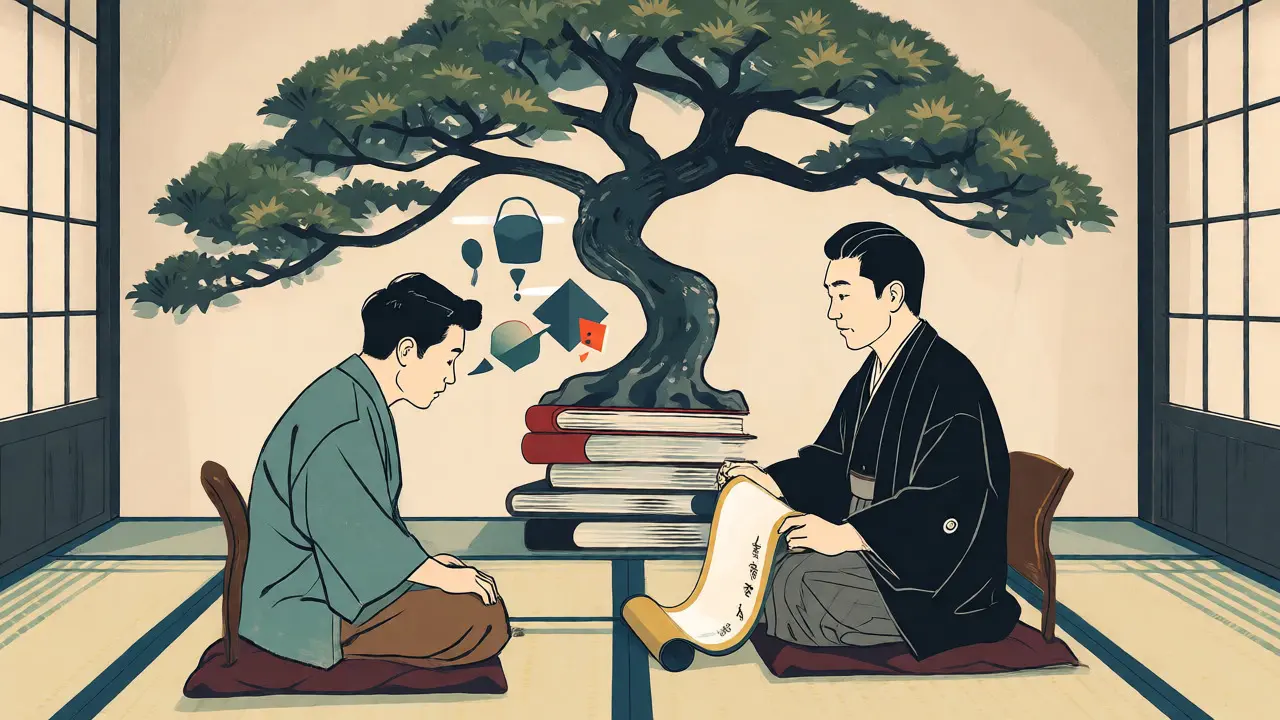 Kresba ve stylu ukiyo-e ukazuje setkání pacienta a terapeuta s certifikátem.
