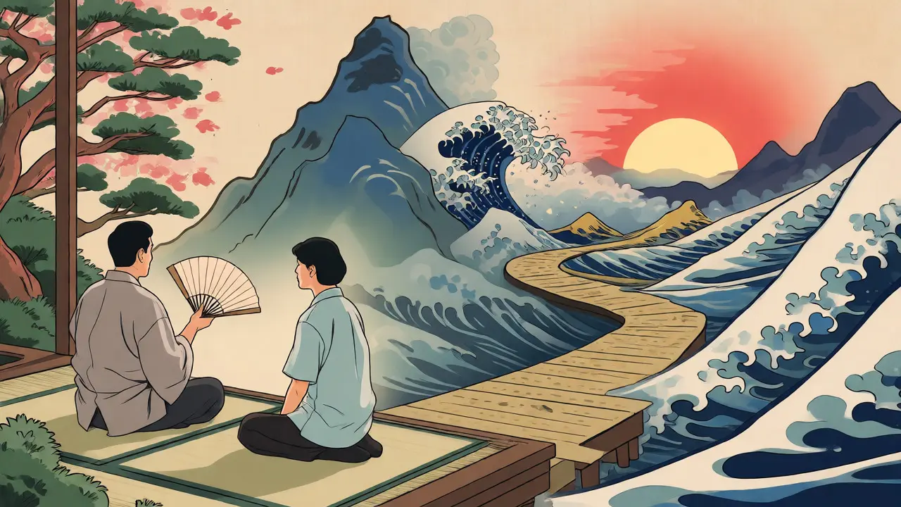 Kresba ve stylu ukiyo-e zobrazující terapeutickou cestu jako horskou stezku s fázemi uzdravování.