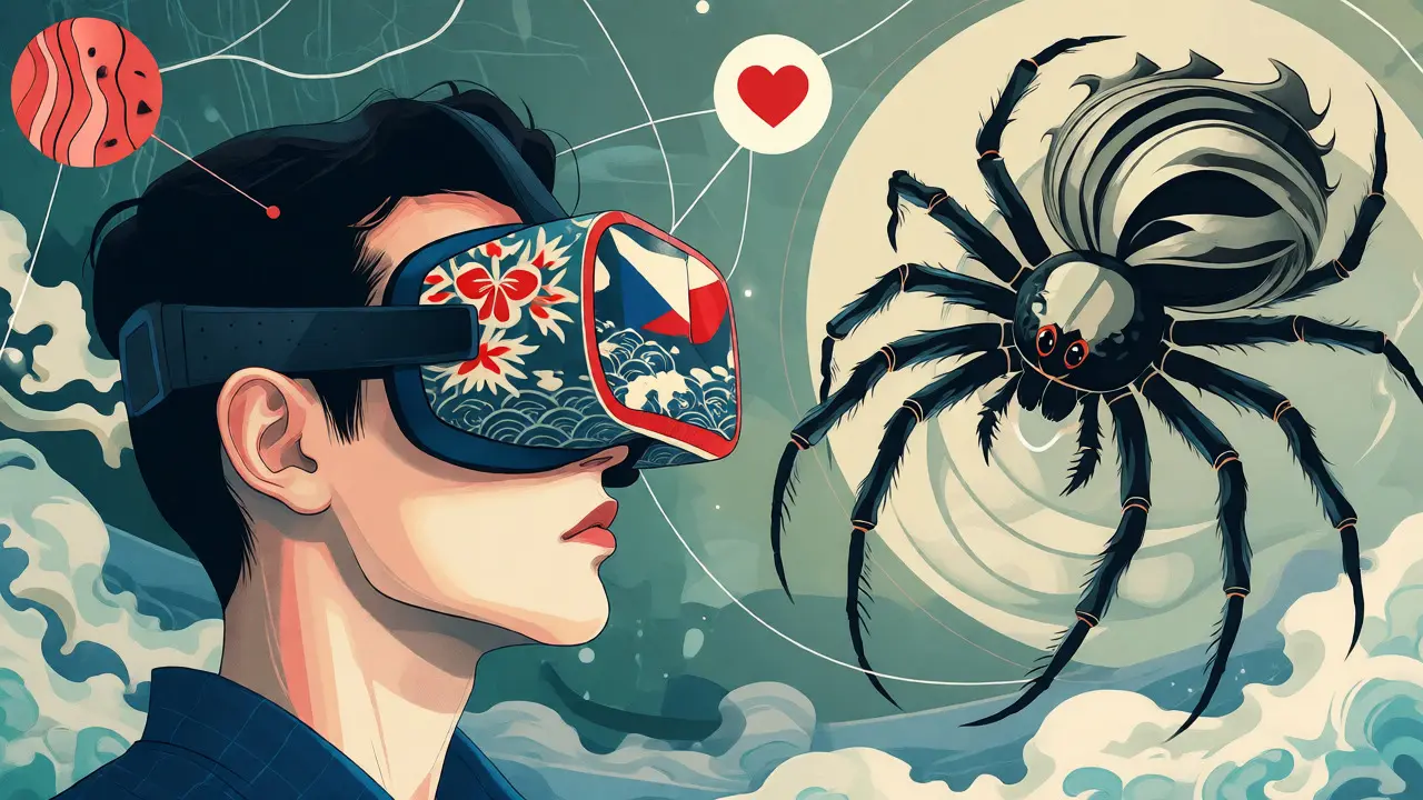 Osoba s VR brýlemi čelí stylizovanému pavoukovi při expozici fobie.