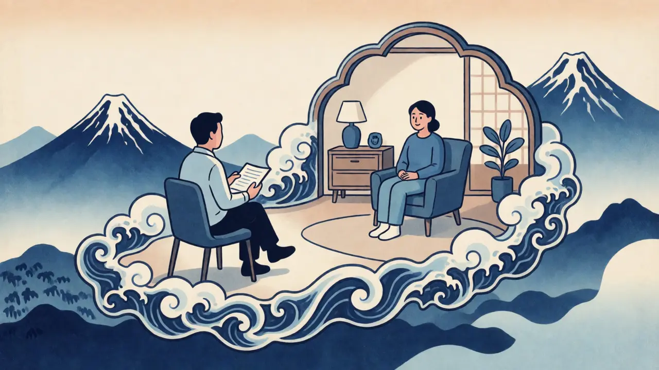 Stylizovaná ilustrace online terapie propojující dva lidi