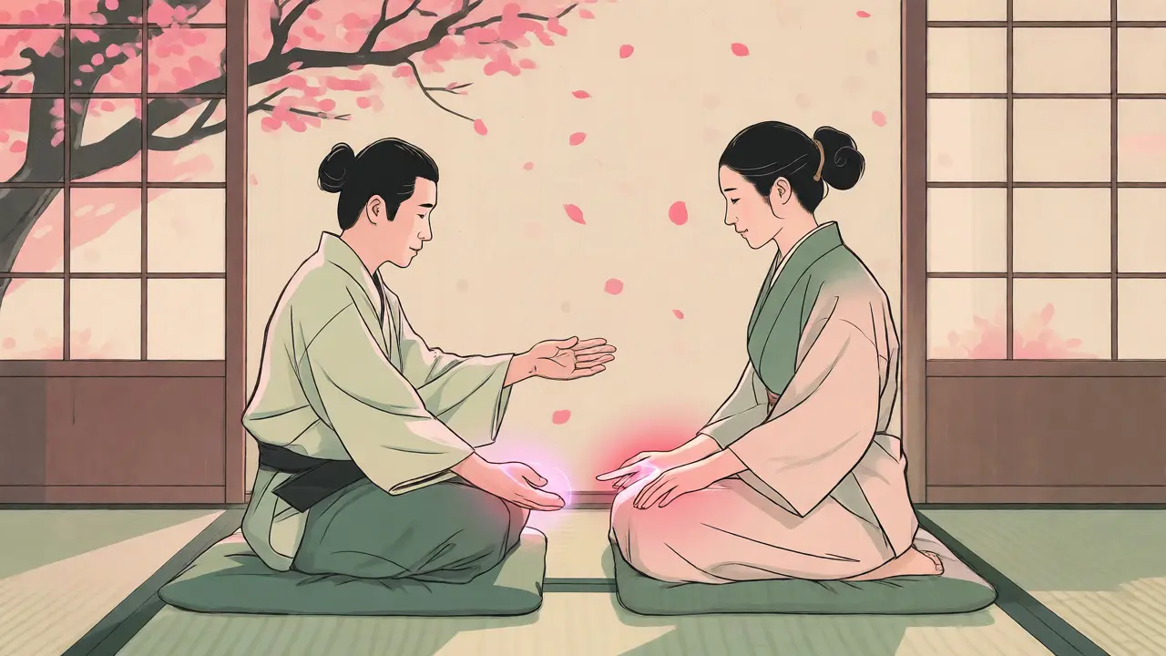 Terapeut a klient sedí na tatami, jemné energetické aury kolem rukou