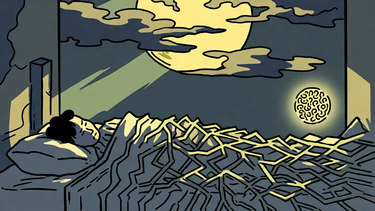 Člověk ležící v posteli obalený chaotickými liniemi úzkosti pod svitem měsíce, ilustrace inspirovaná japonským tiskem.