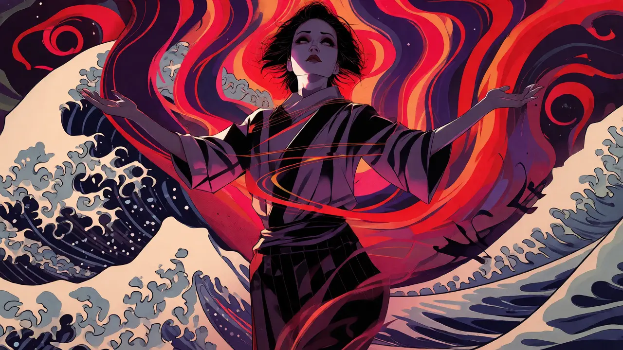 Ilustrace klastru B: Dynamická scéna s vírem barev znázorňující emocionální nestabilitu.