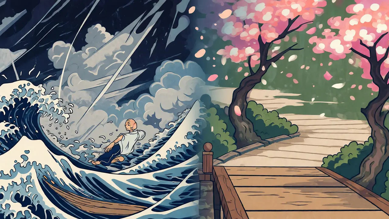 Ilustrace rozdělená na chaotickou krizi a klidnou terapii propojené mostem