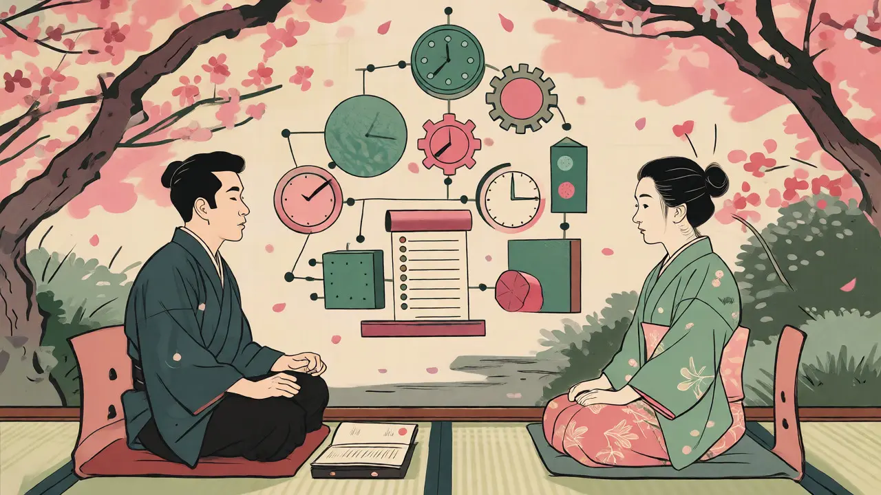 Kresba ve stylu ukijo-e s terapeutem a klientem budujícími mentální nástroje a organizační systém.