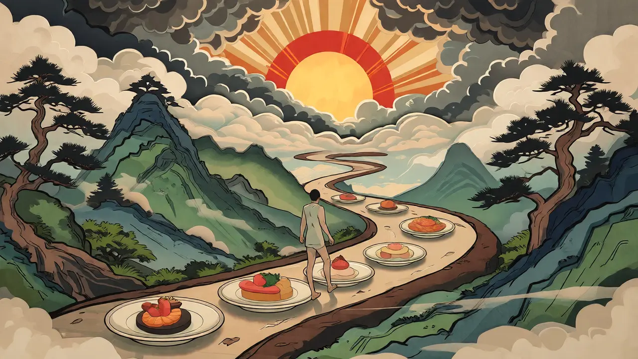Postava kráčející po cestě obnovy mezi horami ve stylu ukijo-e