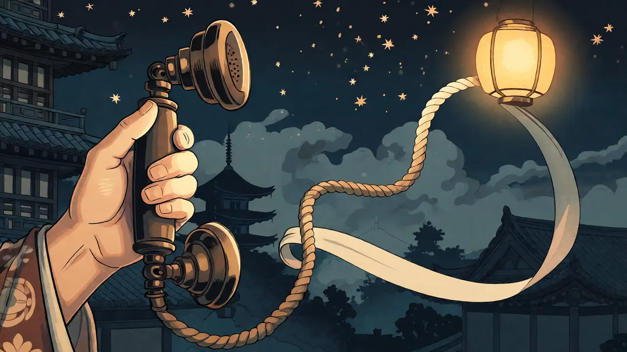 Ruka držící telefonní sluchátko s lanem vedoucím k světlu ve tmě