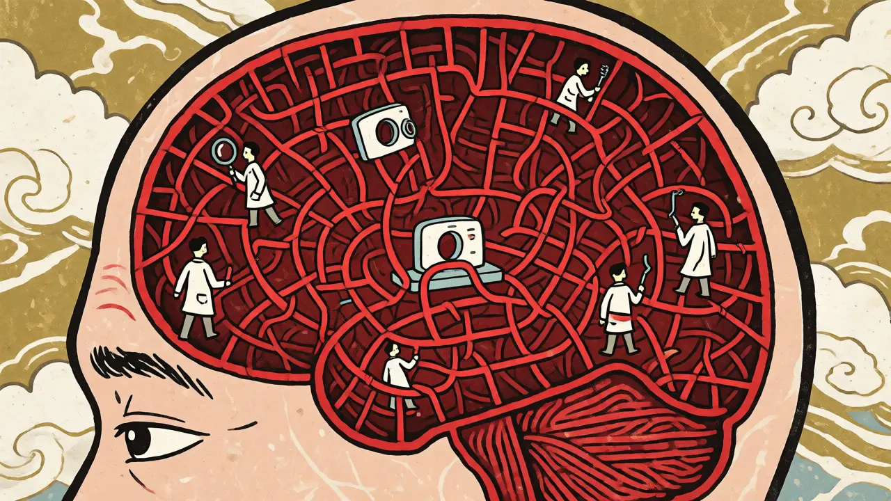 Surrealistický portrét hlavy s bludištěm myšlenek ve stylu dřevořezu.
