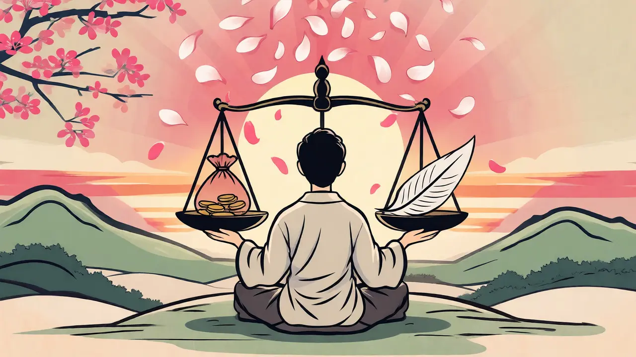 Symbolické vyvážení nákladů na terapii a pojistného krytí pomocí vah ve stylu japonských tisků.