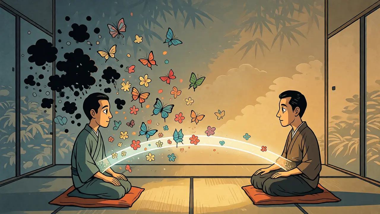 Terapeut a klient sedící si naproti v klidném pokoji, spojení světelným mostem, ve stylu japonské ilustrace.