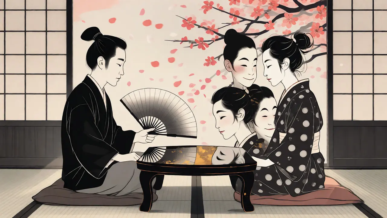Terapeutická scéna s fragmentovaným odrazem postavy v japonském stylu