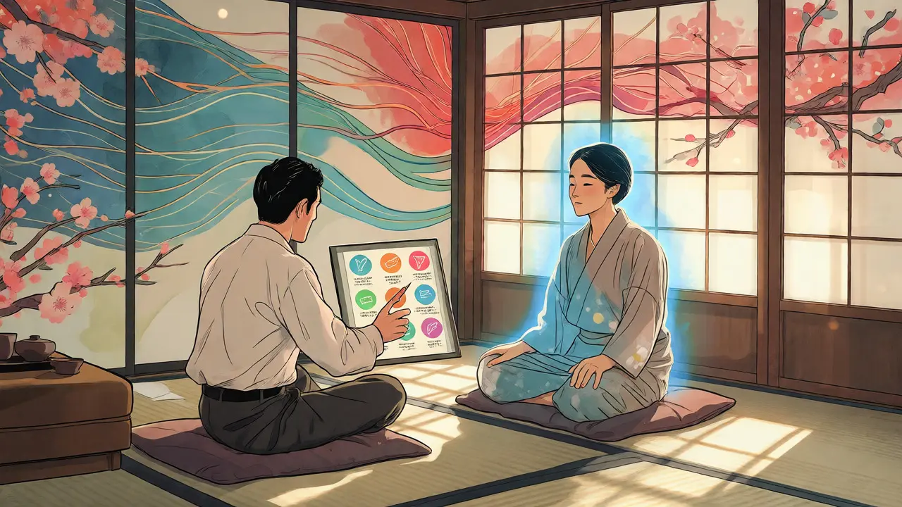 Terapeutická sezení ve stylu japonského tisku s vizuálními pomůckami pro organizaci a klidnou atmosférou.
