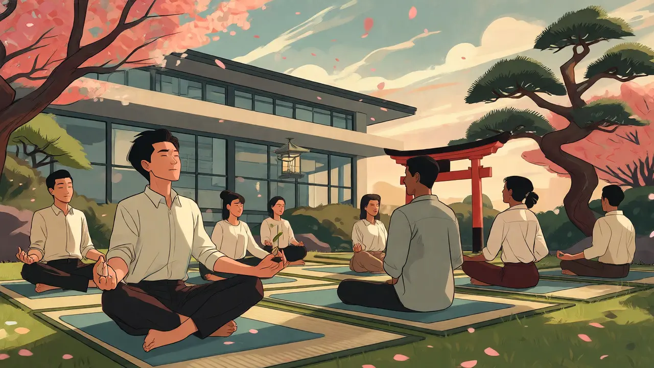 Zaměstnanci cvičí jógu a meditují v zahradě firmy ve stylu ukiyo-e